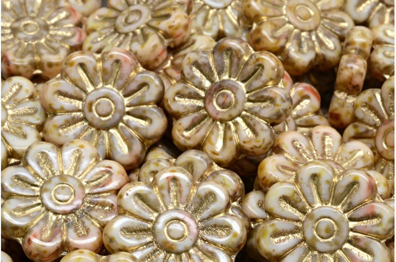 デイジーフラワービーズ、ホワイトオレンジトラバーチンゴールドライン(R2912-86800-54302)、ガラス、チェコ共和国