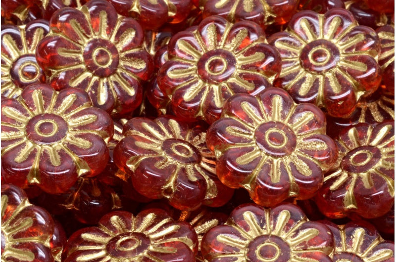 清仓 10 克雏菊形珠子,18 x 18 毫米,R0908 金线(R0908-54302),玻璃,捷克共和国