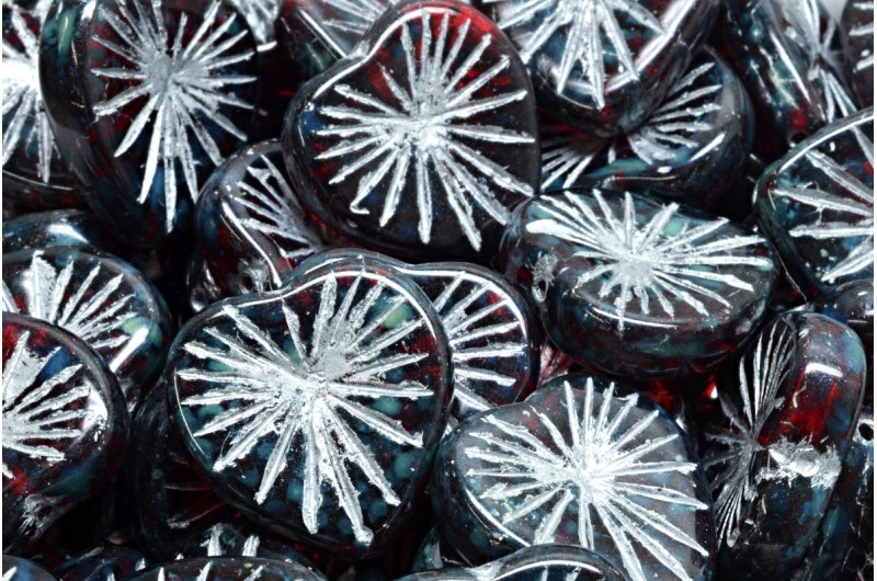 キウイハートビーズ、ルビーレッドトラバーチンシルバーライン(90080-86800-54301)、ガラス、チェコ共和国