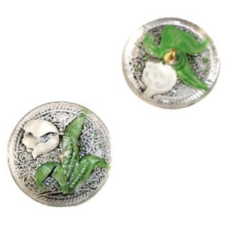 1個 ハンドペイントガラスボタン(飾り付き)、サイズ14(31.5 mm)、ガラス、チェコ共和国