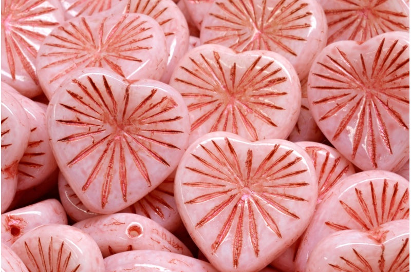 キウイハートビーズ、白地に赤のライン、ライトピンク(02010-43808-34304)、ガラス、チェコ共和国