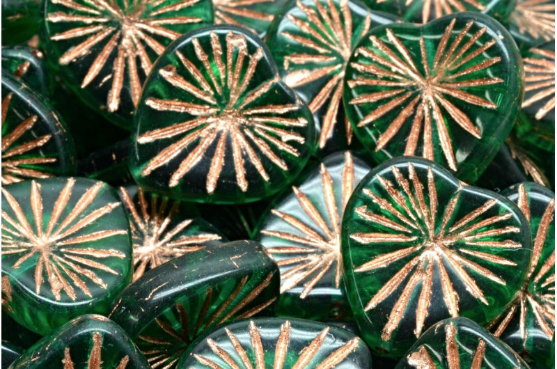 キウイハートビーズ、透明グリーンエメラルド銅線(50720-54318)、ガラス、チェコ共和国