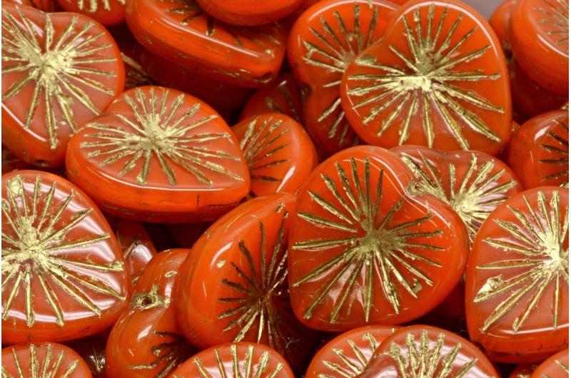 キウイハートビーズ、81250 ゴールドライン(81250-54302)、ガラス、チェコ共和国