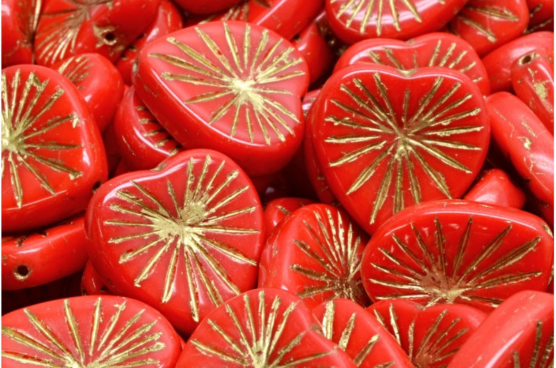 キウイハートビーズ、レッドゴールドライン(93180-54302)、ガラス、チェコ共和国