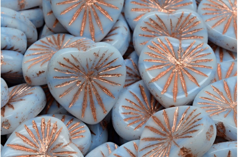 キウイハートビーズ、ライトブルー銅線入り(07304-54307)、ガラス、チェコ共和国