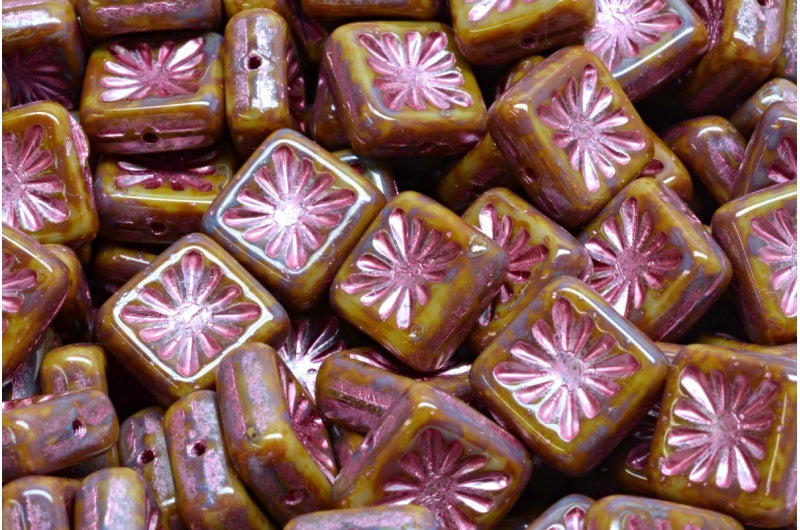 OUTLET 10 grams Squared Kiwi Beads, 10 x 10 mm, Opaque Gray Travertin Pink Lined (43020-86800-54321), Glass, Czech Republic