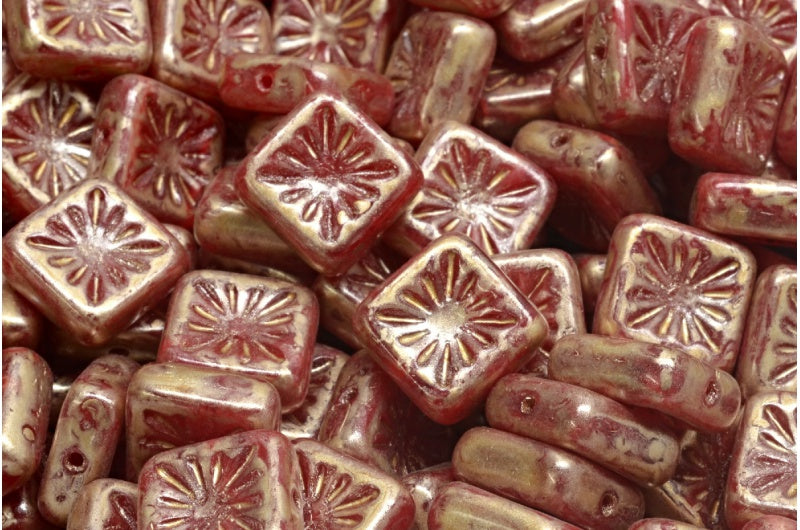 OUTLET 10 grams Squared Kiwi Beads, 10 x 10 mm, Opal Red Gold Splash (91260-86710), Glass, Czech Republic