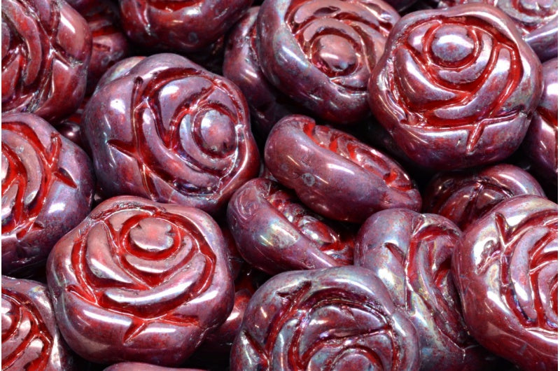 フラットラウンドローズフラワービーズ、不透明レッドネビュラ(93200-15001)、ガラス、チェコ共和国