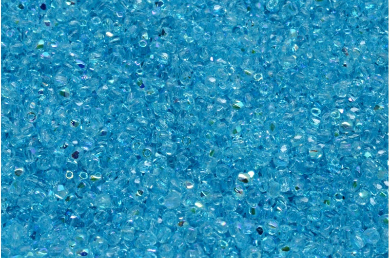 Faceted Round Fire Polished Beads, Transparent Aqua Ab (60020-28701), Glass, Czech Republic