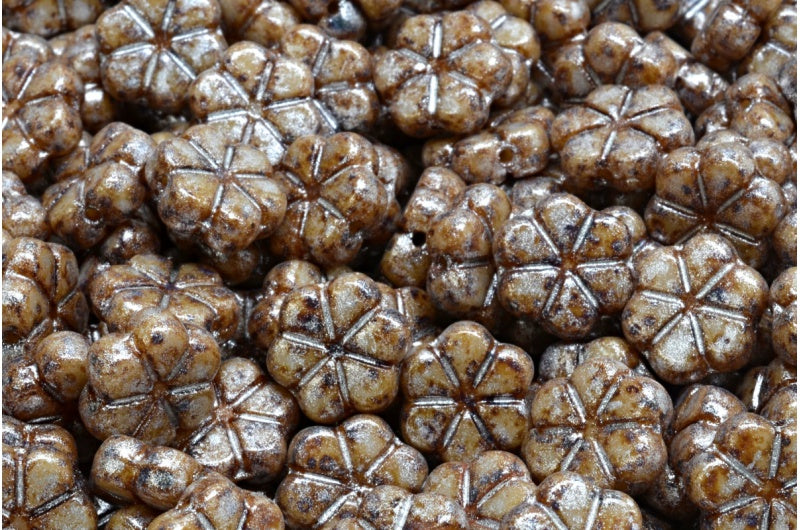 OUTLET 10 grams Garland Flower Beads, 10 x 10 mm, 83539 Travertin Silver Gray (83539-86800-34301), Glass, Czech Republic