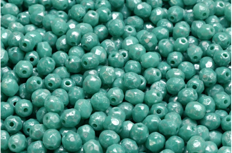 アウトレット 10グラム ファセットラウンドファイアポリッシュビーズ、4 x 4 mm、ターコイズシルバースプラッシュ(63150-86700)、ガラス、チェコ共和国