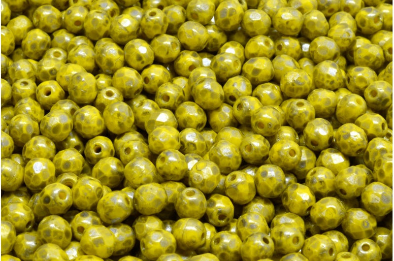 ファセットラウンドファイアポリッシュビーズ、イエローシルバースプラッシュ(83120-86790)、ガラス、チェコ共和国