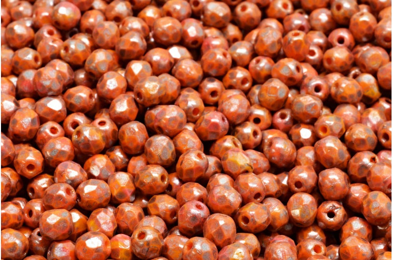Faceted Round Fire Polished Beads, Deep Orange Silver Splash (93140-86790), Glass, Czech Republic
