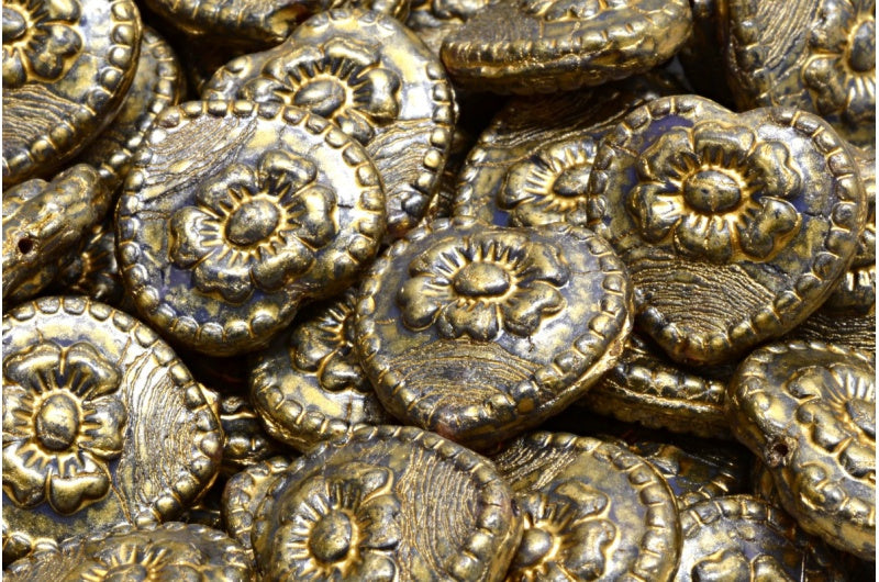 ローズ付きハートビーズ、オパールダークラベンダーゴールドスプラッシュ(21010-86720)、ガラス、チェコ共和国