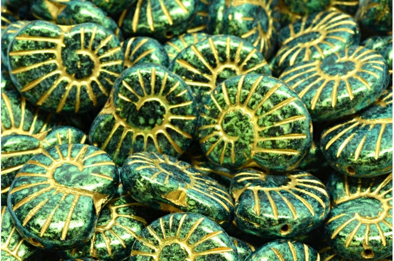 Shell Beads, Black Gold Lined Green Iridiscent (23980-54302-86922), Glass, Czech Republic