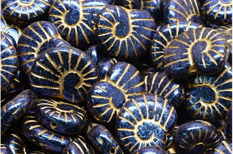 Shell Beads, Black Gold Lined Blue Iridiscent (23980-54302-86966), Glass, Czech Republic