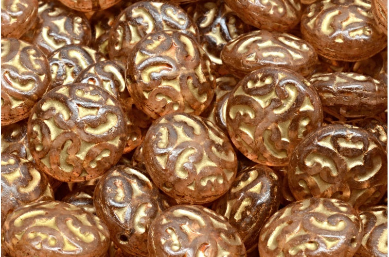 Lentil Beads with Ornaments, Crystal Matte Gold Lined Light Pink Peach (00030-84100-54302-34305), Glass, Czech Republic