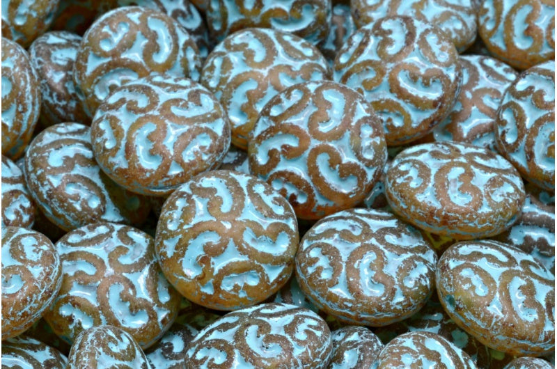 Lentil Beads with Ornaments, Crystal Matte Travertin Light Blue Lined (00030-84100-86800-54308), Glass, Czech Republic