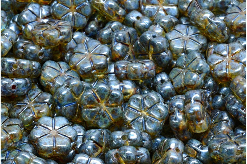 ガーランドフラワービーズ、クリスタルグリーンラスタースポット(00030-65325)、ガラス、チェコ共和国