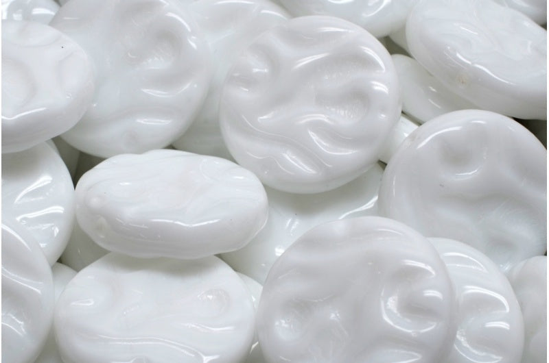 OUTLET 10 grams Flat Round Designed Beads With Ornament, 20 x 20 mm, White (02010), Glass, Czech Republic