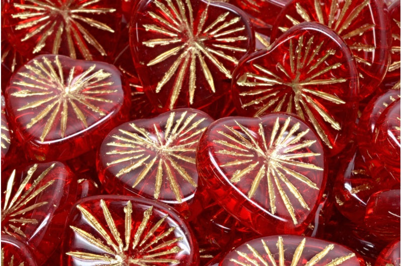 キウイハートビーズ、ルビーレッドゴールドライン(90080-54302)、ガラス、チェコ共和国