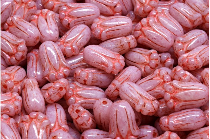 Tulip Bud Beads, White Opal Red Lined Light Fuchsia Pink (02020-43808-34306), Glass, Czech Republic