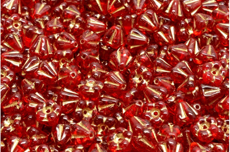 Bell Flower Beads, Ruby Red Gold Lined (90080-54302), Glass, Czech Republic