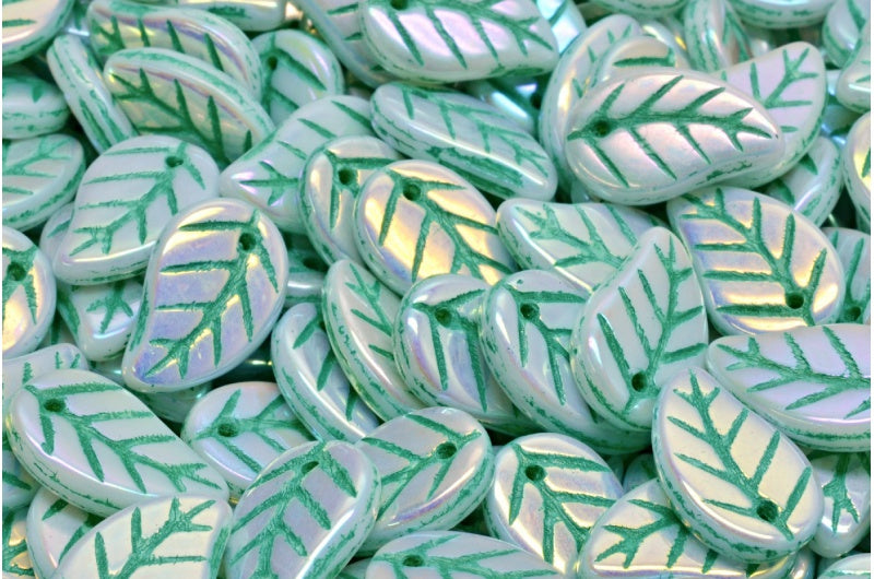 リーフペンダントビーズ、ホワイトアブフル(2Xサイド)ティールライン(02010-28703-54316)、ガラス、チェコ共和国