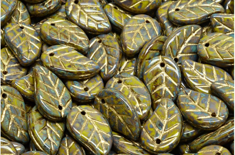 リーフペンダントビーズ、不透明グリーントラバーチン、ゴールドライニング(53400-86800-54302)、ガラス、チェコ共和国