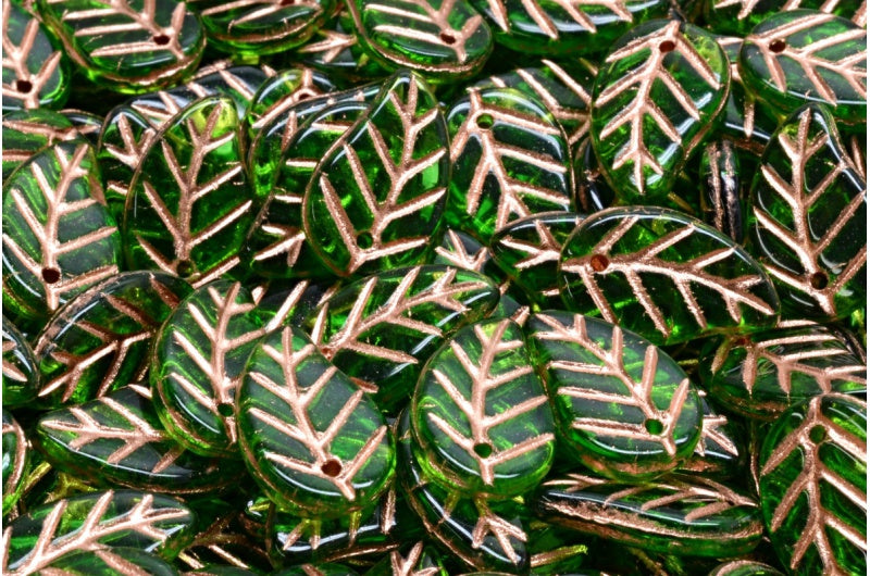 リーフペンダントビーズ、50040 銅線入り (50040-54318)、ガラス、チェコ共和国