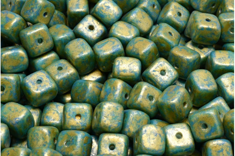 Cube Beads, White 84308 Gold Splash (02010-84308-86720), Glass, Czech Republic