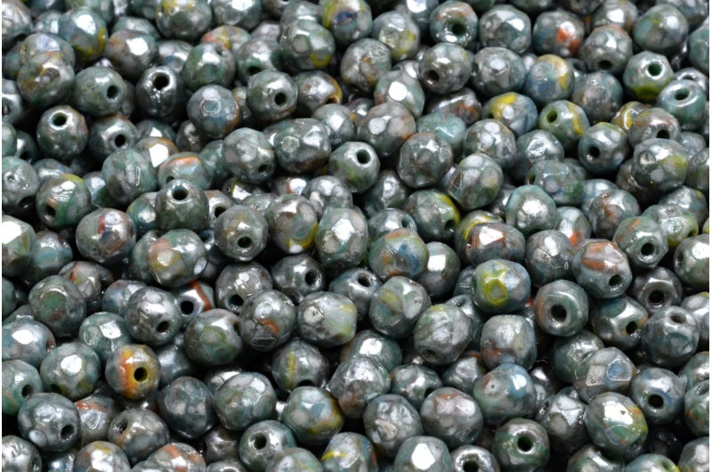 多面圆形火抛光珠,R1212 银溅 (R1212-86790),玻璃,捷克共和国