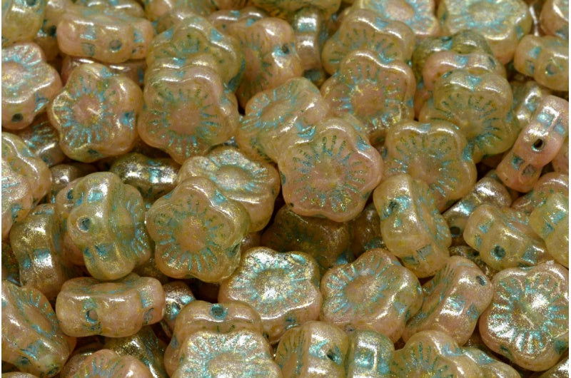 OUTLET 10克日落花朵珠子,R0731浅蓝色内衬浅黄色(R0731-43811-34302),玻璃,捷克共和国