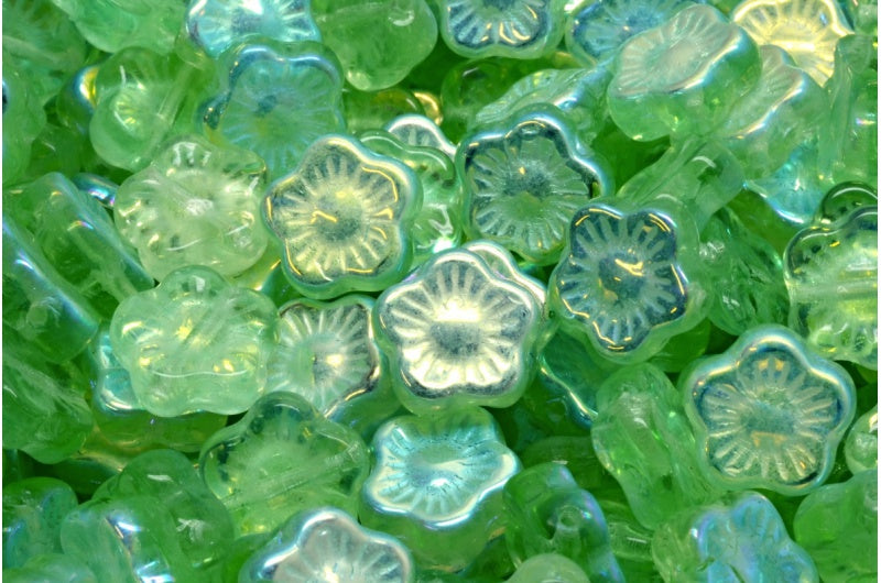 OUTLET 10 grams Sunset Flower Beads, 10 x 10 mm, Transparent Green Ab (50500-28701), Glass, Czech Republic
