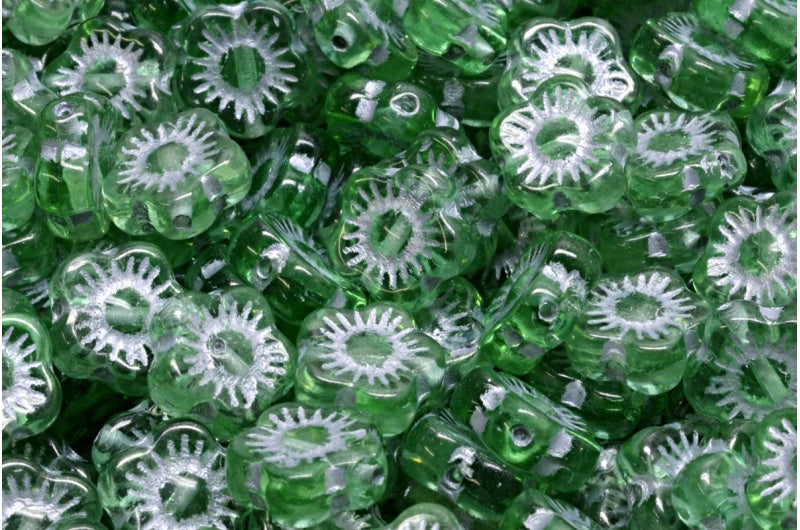 Sunset Flower Beads, Transparent Green Silver Lined (50500-54301), Glass, Czech Republic