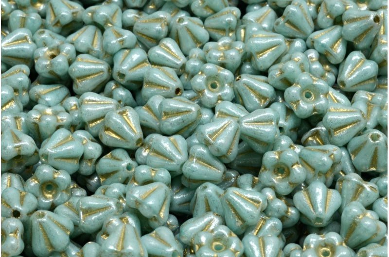 Bell Flower Beads, Light Green Gold Lined Silver Gray (07524-54302-34301), Glass, Czech Republic
