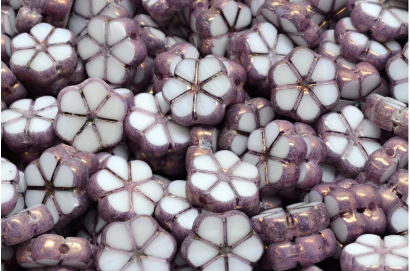 テーブルカットガーランドフラワービーズ、オパールホワイト 83529 ブロンズ (01000-83529-14415)、ガラス、チェコ共和国