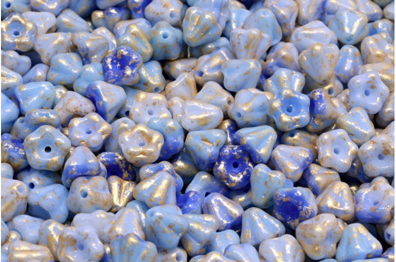 Bell Flower Beads, Light Sky Blue Gold Splash (07314-94401), Glass, Czech Republic