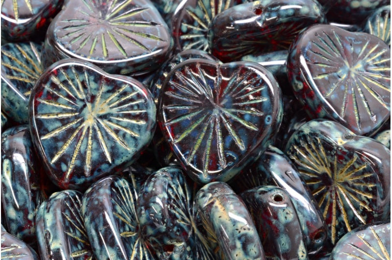 Kiwi Heart Beads, Ruby Red Travertin (90080-86800), Glass, Czech Republic