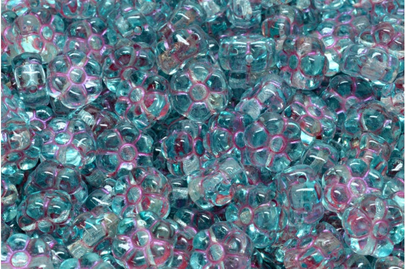 フラットフラワービーズ、クリスタルピンクライン、ライトアクアブルー(00030-43807-34308)、ガラス、チェコ共和国