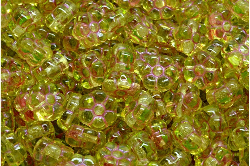 フラットフラワービーズ、クリスタルピンクラインライトグリーン(00030-43807-34310)、ガラス、チェコ共和国