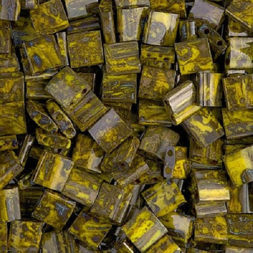 Miyuki Tila / Half Tila / Quater Tila 2-hole Beads, Picasso Opaque Yellow (HTL4519), Glass, Japan
