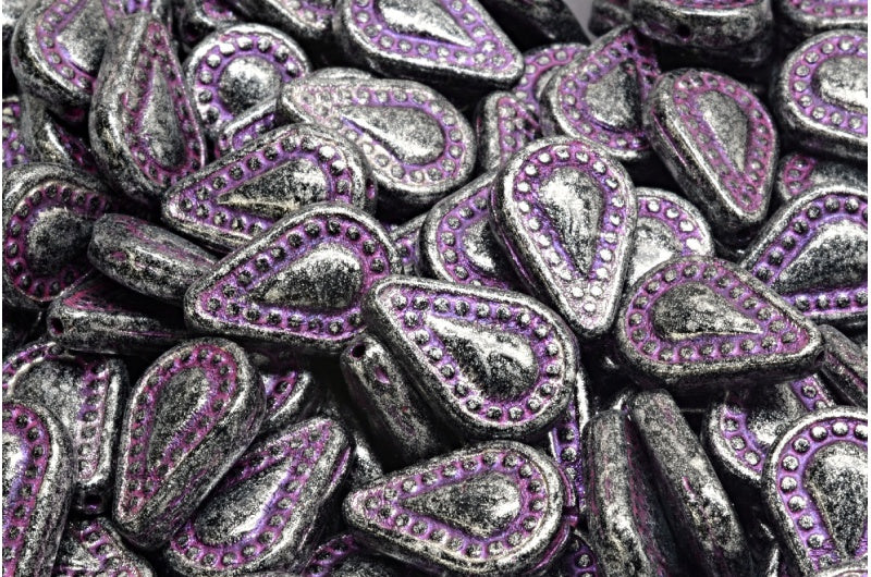 Filigree Teardrop Beads, Black Pink Lined Silver Gray (23980-43807-34301), Glass, Czech Republic