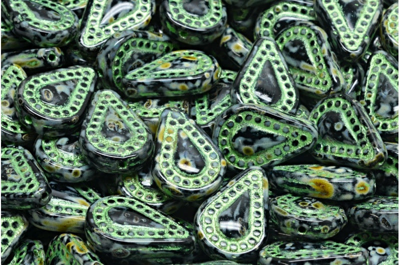 Filigree Teardrop Beads, Black Travertin Green (23980-86800-43813), Glass, Czech Republic