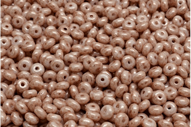 Rondelle Druck ビーズ、ホワイトオパールピンクベージュ (02020-34303)、ガラス、チェコ共和国