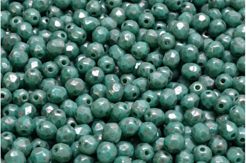 ファセットラウンドファイアポリッシュビーズ、ターコイズシルバースプラッシュ(63150-86790)、ガラス、チェコ共和国