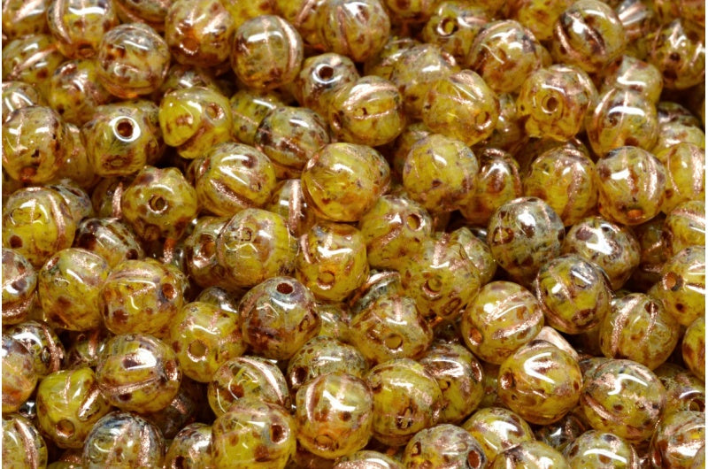 アウトレット 10グラム メロンビーズ、6 x 6 mm、イエロートラバーチン銅裏地(R0812-86800-54307)、ガラス、チェコ共和国