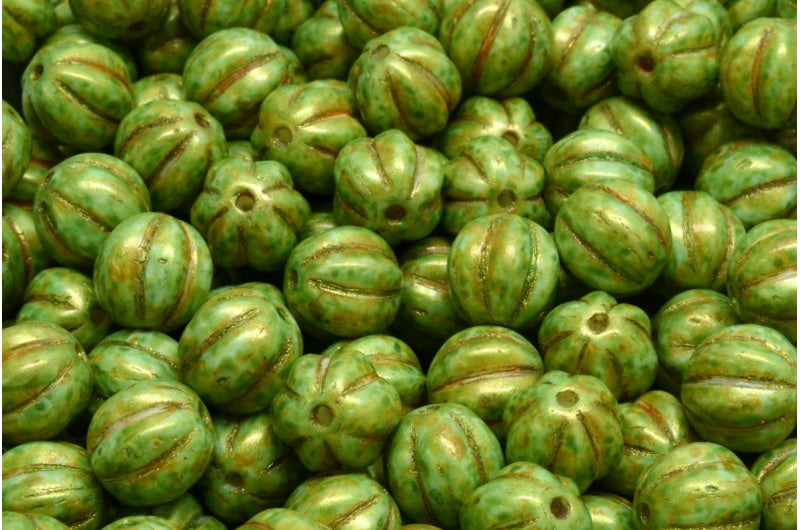 メロンビーズ、白茶色の光沢斑点(02010-65326)、ガラス、チェコ共和国