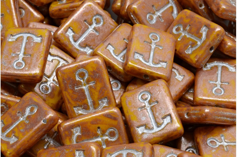 OUTLET 10 克锚设计长方形珠子,18 x 12 毫米,不透明黄铜溅银衬里 (93100-86750-54301),玻璃,捷克共和国