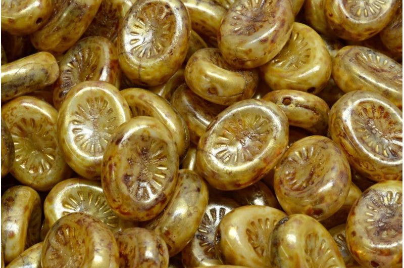 キウイビーズ、オパールホワイトホワイトトラバーチンゴールドスプラッシュ(01000-02010-86800-86720)、ガラス、チェコ共和国